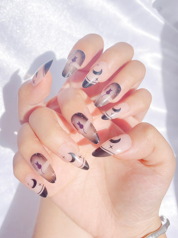 OPOOLA Almond Press on Nails Medium,Moon Cat,OPOOLA Rainbow Jelly Soft Gel Fake Nails for Women Fit Natural,  Stick on Nails Reusable, 24pcs False Nails with Design Glue Art Kit